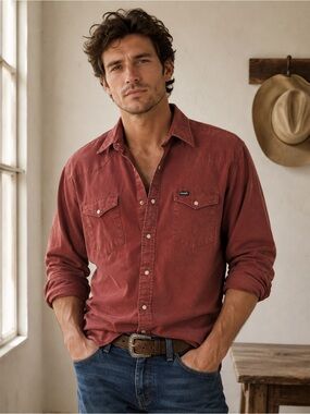 Men's Vintage Brushpopper Rust Long-Sleeve Western Shirt - Wrangler